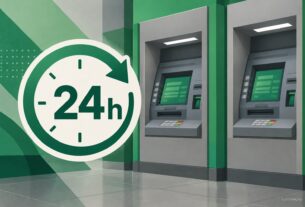 Ilustração de caixas eletrônicos e atendimento digital durante o feriado.
