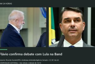 Composição editorial com fotos reais de arquivo de Lula e Flávio Bolsonaro em painéis equivalentes; não retrata o debate.