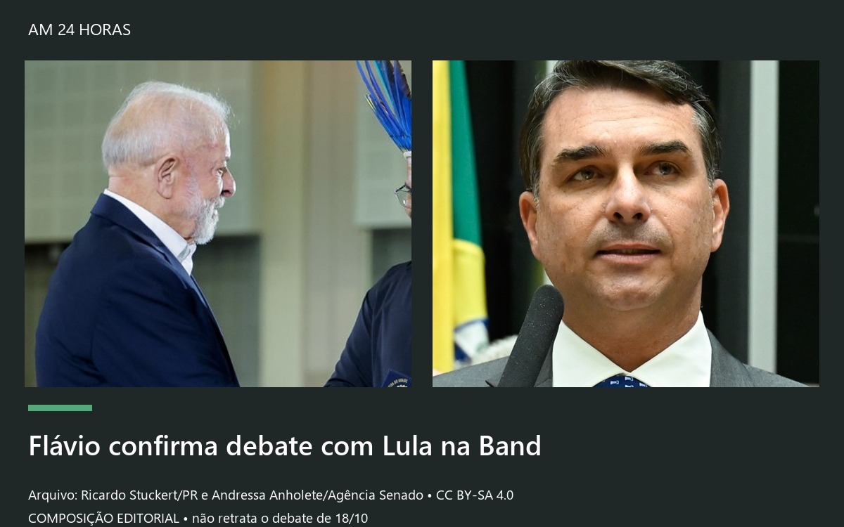 Composição editorial com fotos reais de arquivo de Lula e Flávio Bolsonaro em painéis equivalentes; não retrata o debate.