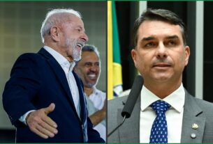 Montagem com fotografias de arquivo de Lula e Flávio Bolsonaro em áreas iguais; não registra encontro.