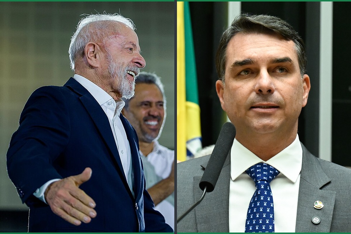 Montagem com fotografias de arquivo de Lula e Flávio Bolsonaro em áreas iguais; não registra encontro.
