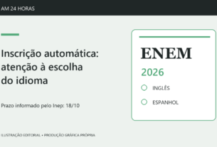 Ilustração do Enem 2026 com opções inglês e espanhol e prazo de 18 de outubro.