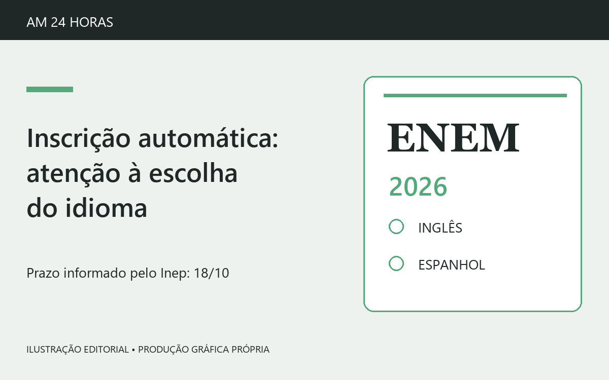 Ilustração do Enem 2026 com opções inglês e espanhol e prazo de 18 de outubro.