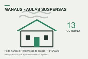 Ilustração de escola genérica e data 13 de outubro; informa suspensão das aulas na rede municipal de Manaus. Não representa uma escola específica.