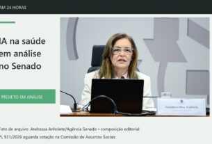 Foto de arquivo de Dra. Eudócia à mesa de audiência, em composição sobre IA na saúde.