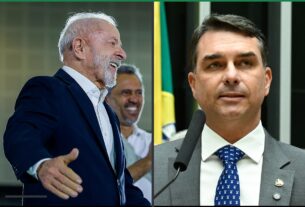 Montagem identificada de Lula e Flávio Bolsonaro em fotografias de arquivo, com áreas iguais.