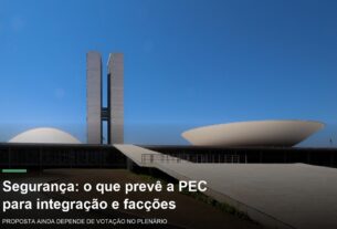 Foto de arquivo do Congresso Nacional em Brasília, com título sobre propostas da PEC da Segurança contra facções e milícias.