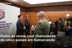 Marco Rubio em fotografia de arquivo, com manchete sobre o encontro diplomático C5+1.